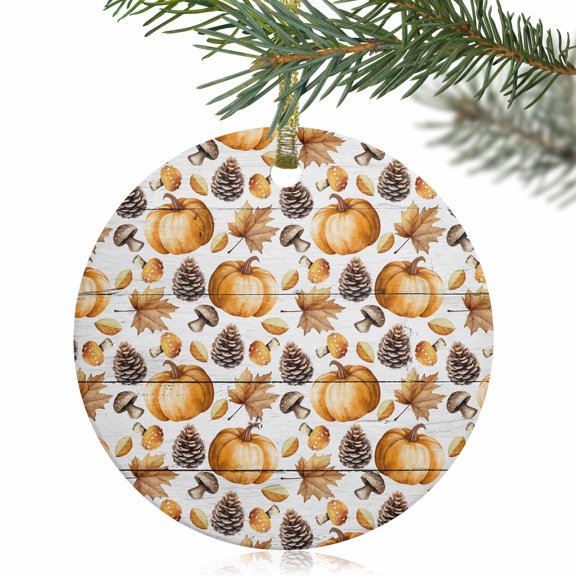 Autumn Orange Pumpkin Maple Leaves Christmas Ceramic Ornament 2025,3" Round Xmas Tree Hanging Accessories with Ribbon,Pine Cone Farm Wood Board Pendant Ornaments for Holiday Gift Home Party Decor
