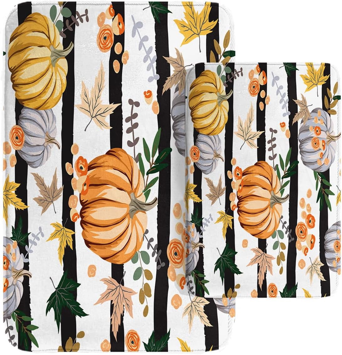 Autumn Orange Pumpkins Bathroom Rug Mat Set of 2, Farm Vintage Striped