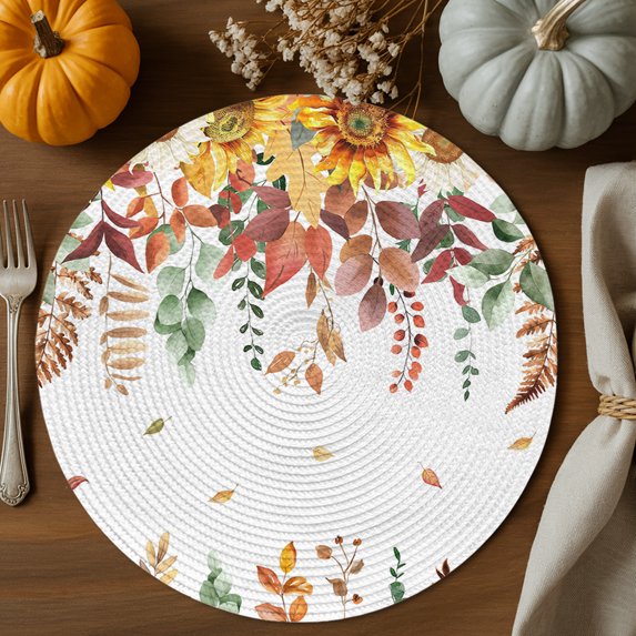 Autumn Orange Round Braided Placemats Set of 2, Green Eucalyptus Leaves Sunflower Thanksgiving Heat Insulation Place Mats Washable Non-Slip Table Mats for Kitchen Dining Party, 15 Inches