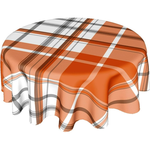 Autumn Orange Tablecloth Round 60 Inch, Thanksgiving Check Orange Black Plaid Polyester Circle Table Cloth Wrinkle Stain Resistant Washable Table Cover for Kitchen Dining Room Party Picnic