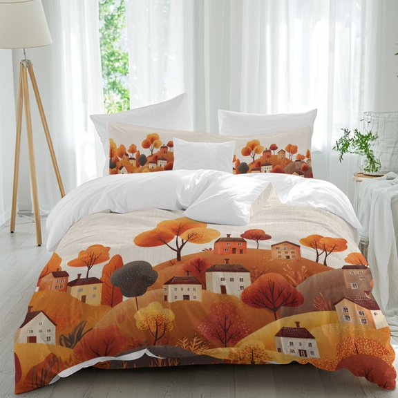 Autumn Orange Tree Mountain Farm House Soft Breathable Bedding Set with Pillow Shams Flat Sheet, Retro Linen Bed Comforter Cover Sets