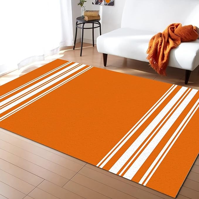 Autumn Orange White Geometric Stripes Area Rugs, Retro Country ...