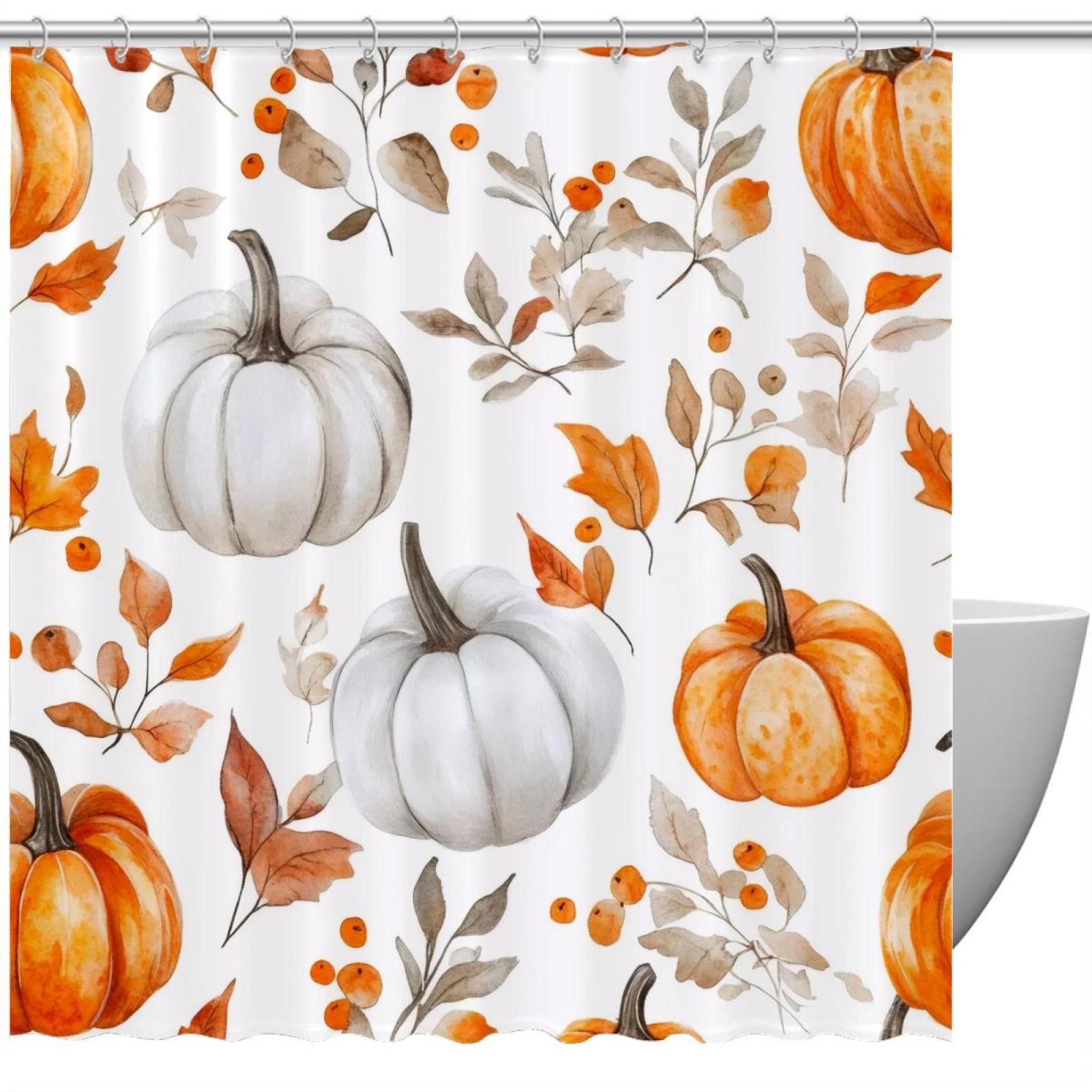 Autumn Orange and White Pumpkins and Leaves Shower Curtain for Kids