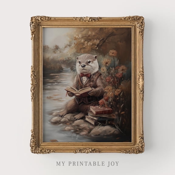 Autumn Otter Reading, Cottagecore Animal Poster Wall Art River Fall Forest Vintage Woodland Decor Cozy Nature 78, Size 8x12 UNFFRAMED F03.1.7l1438