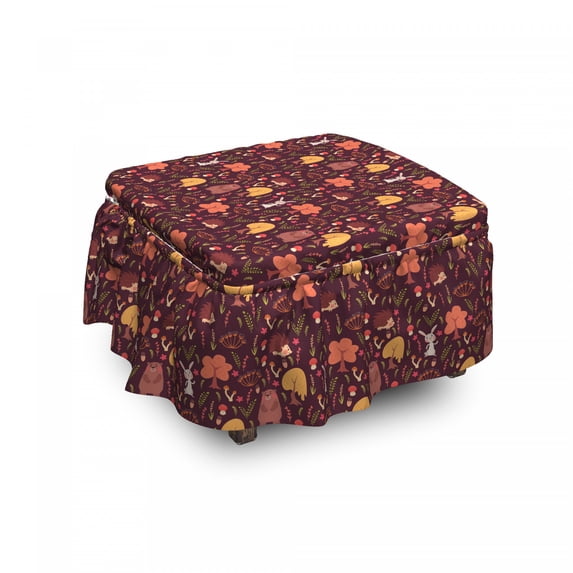 Autumn Ottoman Cover, Bear Hedgehog Rabbit Design, 2 Piece Slipcover Set with Ruffle Skirt for Square Round Cube Footstool Decorative Home Accent, Standard Size, Maroon and Multicolor, by Ambesonne