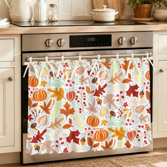 Autumn Oven Skirt Curtain, Oven Door Curtain with 8 Ribbon Ties & Ruffle Trim, Fall Pumpkins Maple Leaves Cartoon Art Decor Kitchen Appliance Door Cover for Stove Dishwasher Cabinet 32"x24"