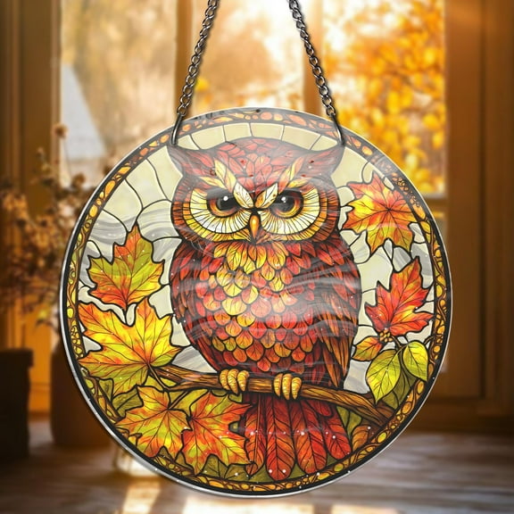 Autumn Owl Stained Glass Window Hanging Fall Sun Catcher with Maple Leaves Owl Lover Gift Nature Decor Thanksgiving Halloween Decor Gifts