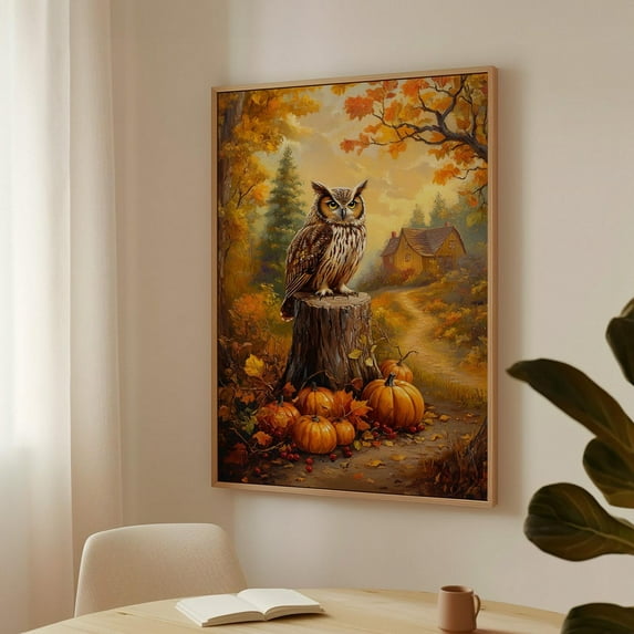 Autumn Owl Wall Art - Fall Decor With Pumpkins, Leaves, And Woodland Cottage In Warm Harvest Colors Wall Art, Modern Wall Decor, 16x24 UNFRAMED