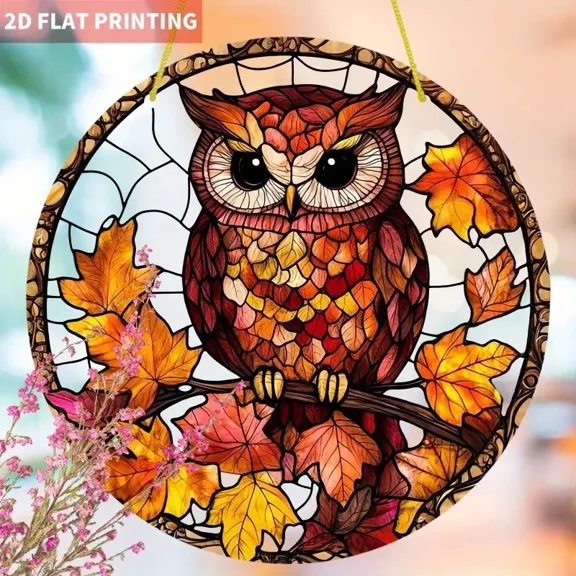 Autumn Owl on Branch Suncatcher | Water Ripple Acrylic | Faux Stained Glass Decor | Fall Window Hanging Gift