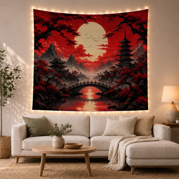 Autumn Pagoda and Arch Bridge Tapestry Wall Hanging