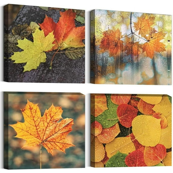 Autumn Painting Aesthetic Fall Canvas Wall Art Maple Leaf Wall Decor for Living Room Bathroom Office 4 Pcs HD Prints Home Decorations Gallery Wrapped Gift 12×12 Inches