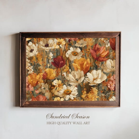 Autumn Palette Floral Warm Marigold Cream Meadow Blooms Cottagecore, Stretched Canvas 16x20in