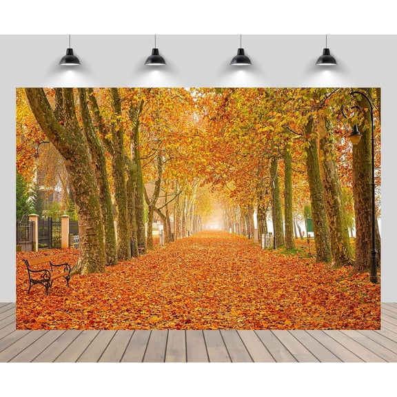 Autumn Park Beautiful Backdrop Fall Leaves Covered Passage Wooden Park Bench Scenery Background Autumn Season Hiking Camp Outdoor Birthday Wedding Party Decor Portrait Photo Booth Studio Props