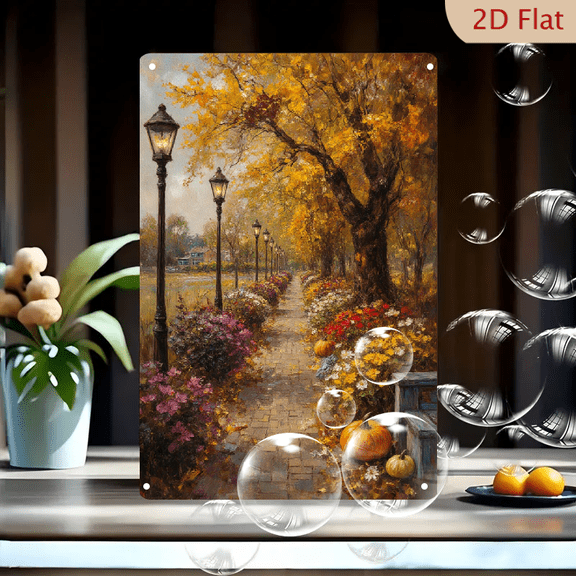 Autumn Park Pathway Wall Art, 8x12 Inches Metal Tin Sign Featuring Serene Fall Scene with Brick Walkway, Glowing Lampposts, Colorful Flowers, Orange Pumpkins and Trees for Home Decor