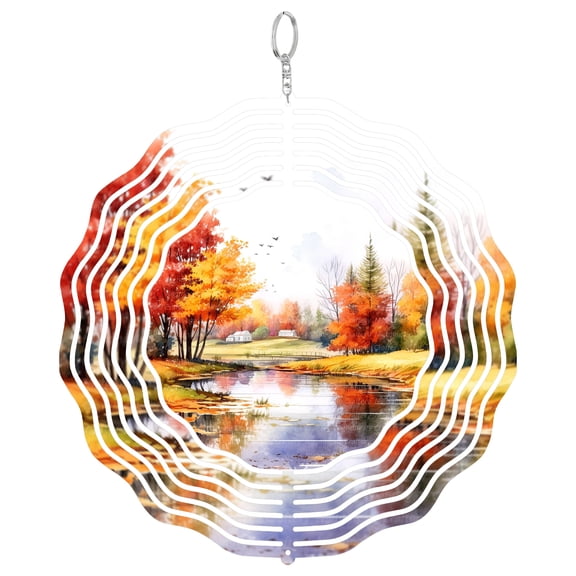 Autumn Park Pond Landscape 3D Wind Spinner Stainless Steel Kinetic Art Fall Season Home Decor