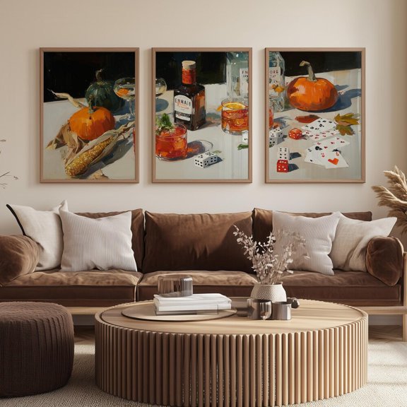 Autumn Party Print, Fall Themed Wall Art, Set 3 Unframed Paper Print 16x24