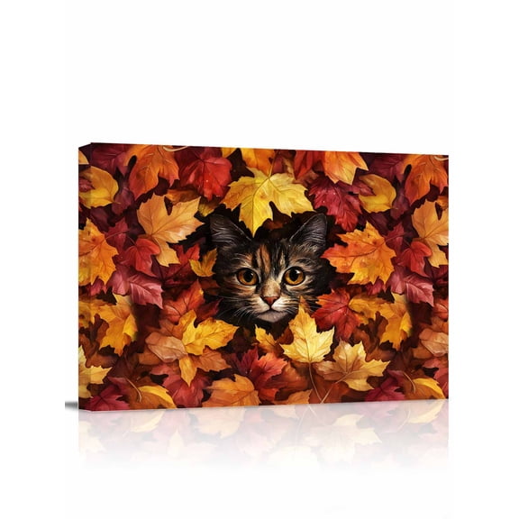 Autumn Pastoral Canvas Print Wall Art Framed Canvas Art Wall Decor Landscape Cute Cat in The Maple Leaves Pictures Painting Morden Artwork for Living Room Bedroom, Ready to Hang - 12"x16"