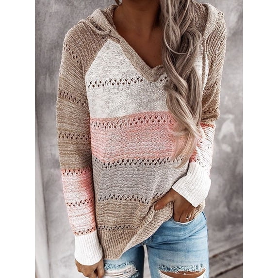 Autumn Patchwork Hooded Sweater Women Casual Long Sleeve Knitted Sweater Top Winter Striped Elegant Pullover Jumpers