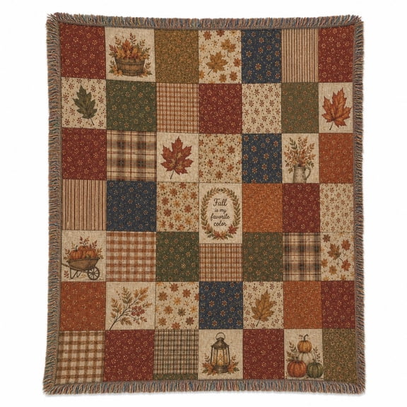 Autumn Patchwork Leaves and Pumpkins Woven Throw Blanket, Woven Cotton with Fringed Edges, Rustic Fall Home Decor