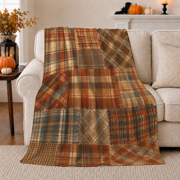 Autumn Patchwork Plaid, Cozy Artistic Scene, Warm Flannel Blanket for Home Library and Reading Nook with Detailed Artwork, Art Lovers Thanksgiving Gift, Artistic Home Decor