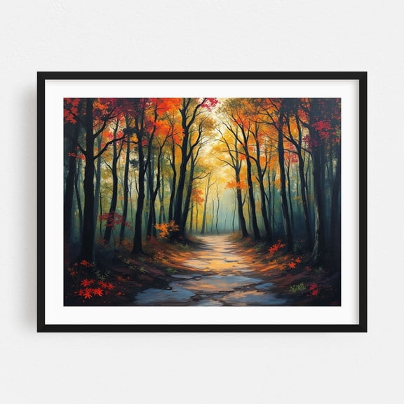 Autumn Path Through the Forest - Painting Autumn Forest Woodland Nature Scenic Landscape Woods Black Framed Wall Art Print 18 x 24 inches