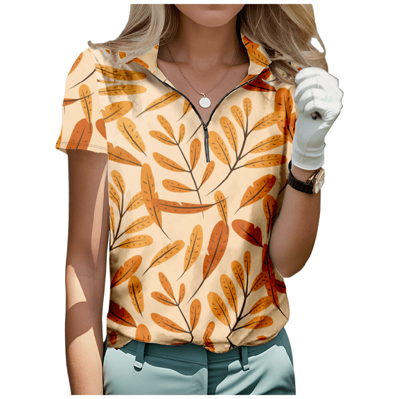 Autumn Pattern Half Zip T-shirt Women's Stand Collar Short Sleeve Casual Golf Shirt