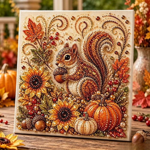 Autumn Pearl Art DIY Kit, DIY Rhinestone Bead Craft Kit for Creative Projects, Decorative Artwork Supplies for Home Wall Display, Seasonal Crafts and Handmade Decor(Squirrel)
