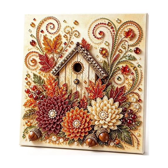 Autumn Pearl Bead Art Craft Kit with Birdhouse, Flowers, Acorns and Fall Leaves