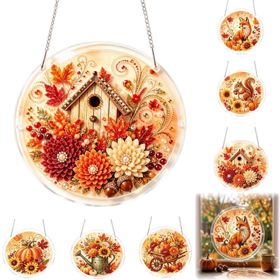 Autumn Pearl Diamond Art Kits for Adults,DIY Bead Picture Art Kit with 7.5in Acrylic Suncatcher Puzzle,Window Hanging Home Decor,6 Styles(C)