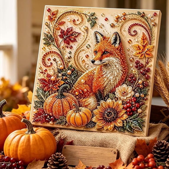 Autumn Pearl Diamond Painting Kit , Thanksgiving Complete Craft Set for Home Wall Table Decor Display, Festive Pearl Diamond Painting Kit for Seasonal Party Decoration Gift(Fox Autumn)
