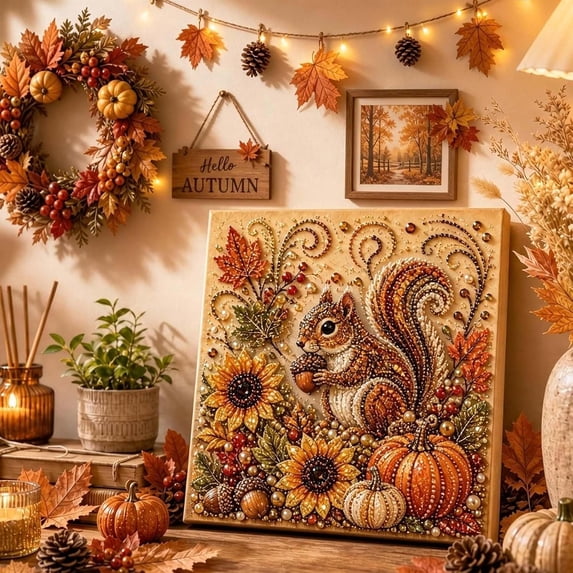 Autumn Pearl Diamond Painting Kit , Thanksgiving Complete Craft Set for Home Wall Table Decor Display, Festive Pearl Diamond Painting Kit for Seasonal Party Decoration Gift(Squirrel Acorn)