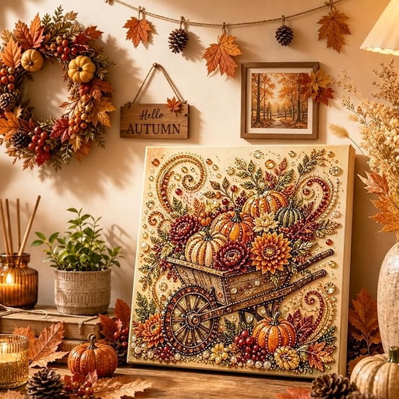 Autumn Pearl Diamond Painting Kit , Thanksgiving Complete Craft Set for Home Wall Table Decor,Festive Pearl Diamond Painting Kit for Seasonal Party Decoration Gift(Wheelbarrow Pumpkins)