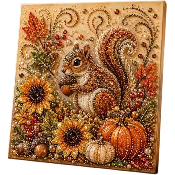 Autumn Pearl Painting Kit, 3D Pearl Diamond Painting Kit, DIY Pearl Art Craft for Adults, Thanksgiving Harvest Home Wall Decor, Handmade Seasonal Gift,Cozy Fall Squirrel
