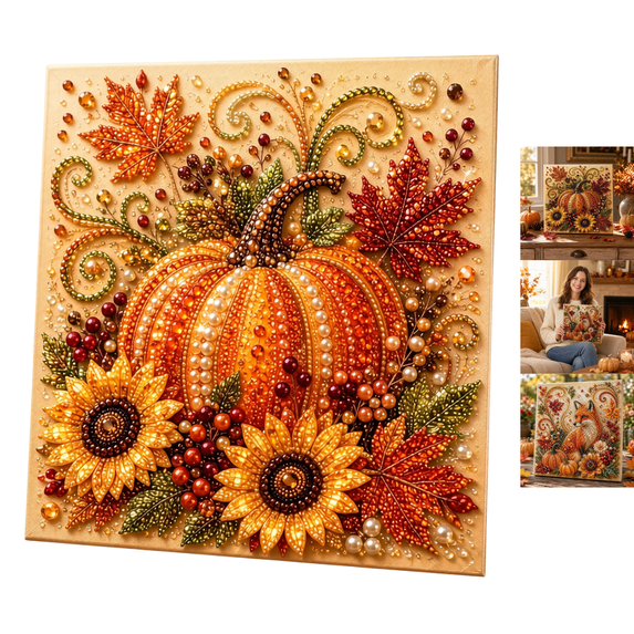 Autumn Pearl Painting Kit, 6 Styles Farmhouse Harvest Diamond Art with Pearl Beads, Fox Squirrel Birdhouse Watering Can Wheelbarrow Pumpkin Canvas, Beginner Fall Home Decor Thanksgiving Gift, 1pc C