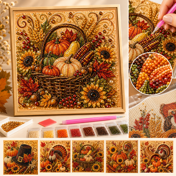 Autumn Pearl Painting Kit, Beginner Pearl Diamond Art Kit with Frame, Rhinestones Beads and Tools, Fall Pumpkin Sunflower Craft for Adults and Thanksgiving Decor