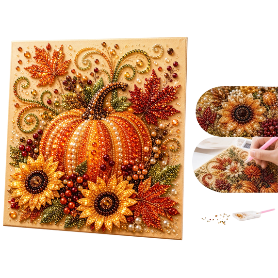 Autumn Pearl Painting Kit,Cute Forest Animal Pumpkin Pearl Diamond Art,6 Vintage Harvest Floral Patterns with Sunflower Maple Leaf Acorn,7.87in Canvas for Farmhouse Thanksgiving Wall Display 1pc C