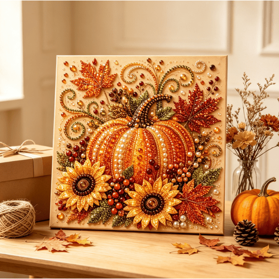 Autumn Pearl Painting Kit, DIY Bead Art Craft Set, Fall Seasonal Home Wall Decor, Easy‑to‑Use Art Supplies for Stress‑Relieving Handmade Project (Pumpkin)