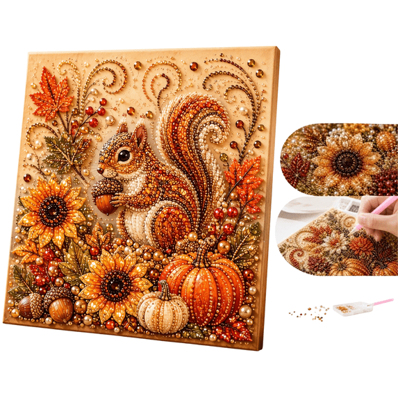 Autumn Pearl Painting Kit,DIY Pumpkin 3D Diamond Art with Colorful Pearl Beads for Adults,6 Farmhouse Harvest Patterns Fox Squirrel Birdhouse Watering Can Wheelbarrow Pumpkin,Decoration Gift,1pc E
