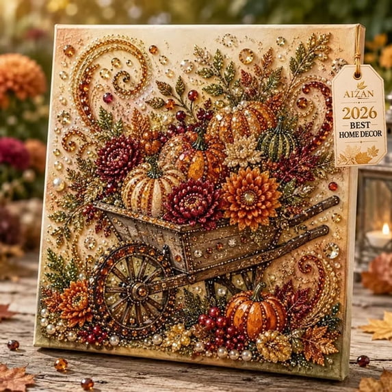 Autumn Pearl Painting Kit, Fall Diamond Art Pumpkins Bead Crafts Home Decor | For Adults DIY 3D Sparkling Sunflowers Animals Artwork with Frame Seasonal Wall Art Beginner DIY Party Gift(Cart)