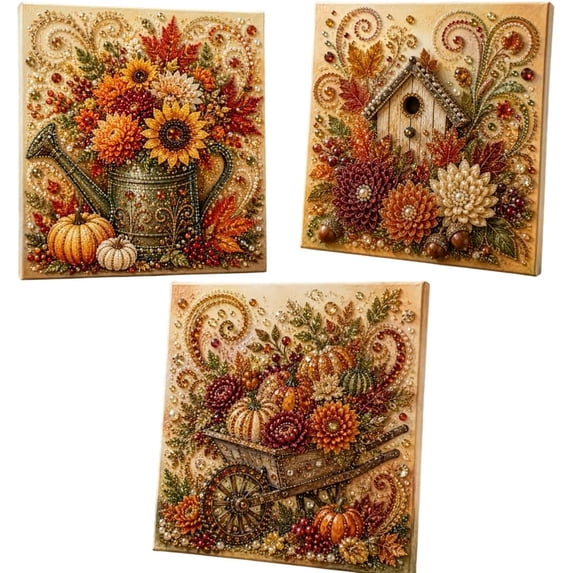 Autumn Pearl Painting Kit, Fall Pearl Art Kit with Rhinestones and Beads, Wall Decor Featuring Pumpkin, Maple Leaves, Forest Animals and Harvest Designs,Thanksgiving Decoration and Gift for Adults