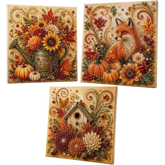 Autumn Pearl Painting Kit, Fall Pearl Art Kit with Rhinestones and Beads, Wall Decor Featuring Pumpkin, Maple Leaves, Forest Animals and Harvest Designs,Thanksgiving Decoration and Gift for Adults