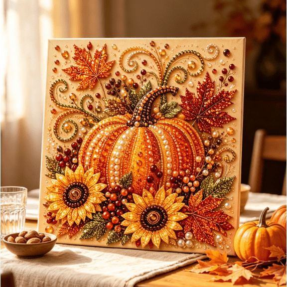 Autumn Pearl Painting Kit, Handmade Bead Studded Picture, Harvest Fall Home Decoration, Beginner‑Friendly DIY Craft to Avoid Boring Leisure Time (Pumpkin)