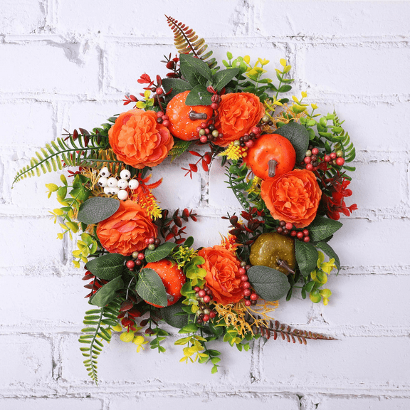 Autumn Peony Wreath Verdsylv Autumn Wreath with Peonies - Farmhouse Style Front Door Decor Featuring Maple Leaves And Berries for Year-Round Home Decoration, Farmhouse Front Door Decoration, Orange