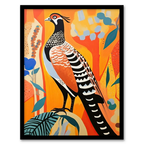 Autumn Pheasant Bird Portrait Vibrant Folk Art Oil Painting Orange Blue Red Patterns Artwork Framed Wall Art Print A4