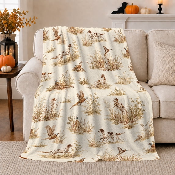 Autumn Pheasant Hunting English Pointer Dogs Field, Cozy Pet Portrait Pattern, Warm Flannel Blanket for Cabin and Lodge, Dog Lovers Thanksgiving Gift, Pet Lover Home Decor