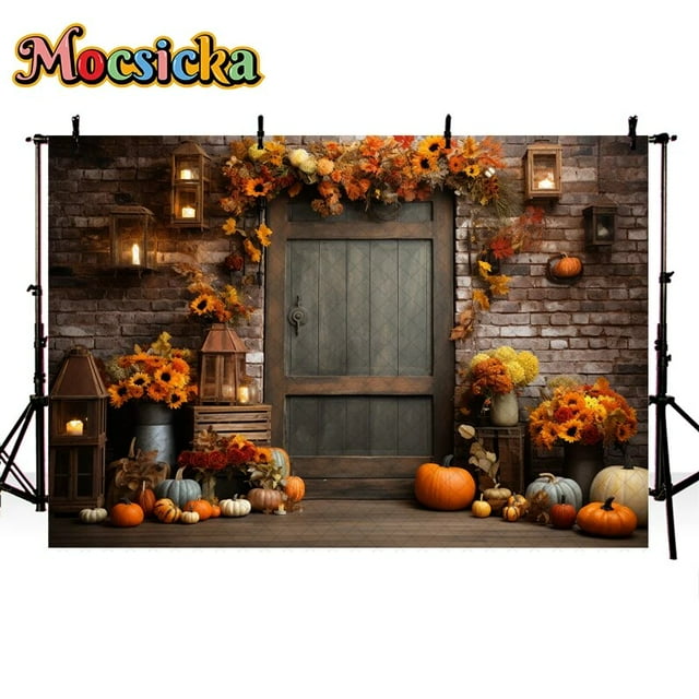 Autumn Photography Backdrop Wooden Door Brick Wall Fall Pumpkin Maple ...