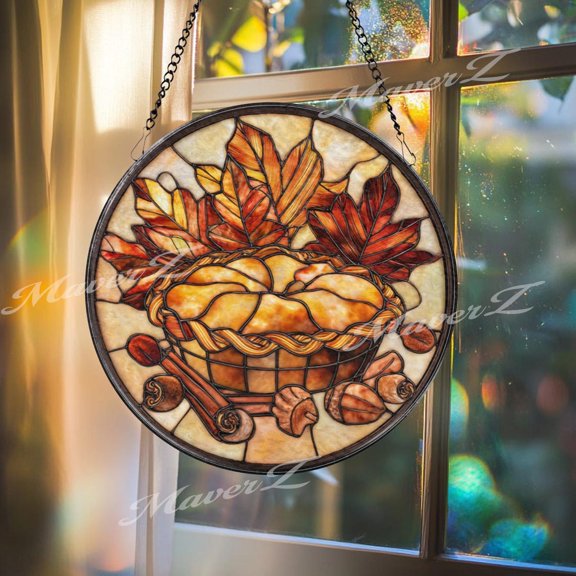 Autumn Pie Glass Suncatcher, Fall Leaves Window Art, 3.5 in
