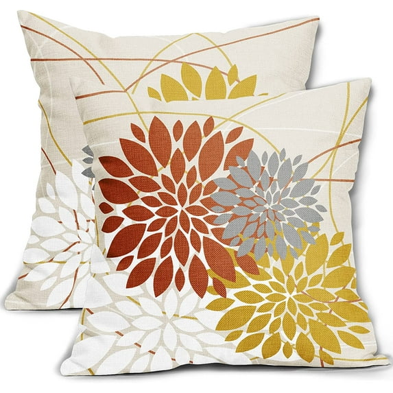 Autumn Pillow Covers 18x18 Inch Fall Decorations Orange Yellow Dahlia Decorative Throw Pillows Farmhouse Decor for Home Sofa Couch Bed Modern Cushion Case, Set of 2