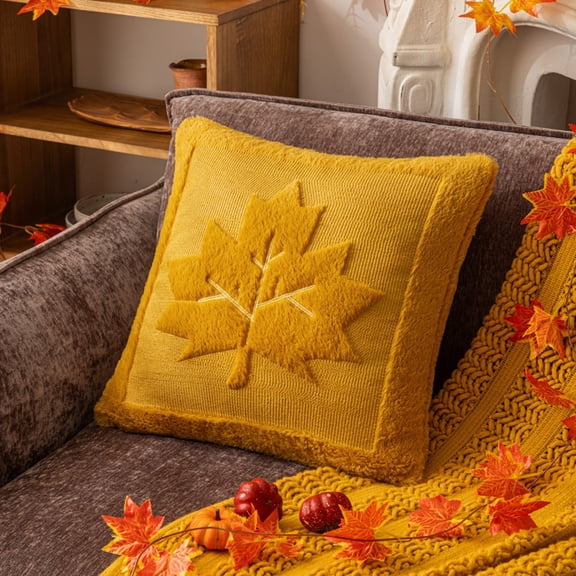 Autumn Pillow Covers,Maple Leaf Fall Pillow Covers 18"X18" Caramel Embroidered Faux Fur Throw Pillow Covers Soft Fluffy Decorative Cushion Cases For Couch Thanksgiving Autumn Farmhouse Home DéCor,C