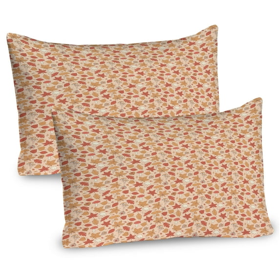 Autumn Pillow Sham Set of 2, Repetitive Fall Woodland Along Leaves Mushrooms in Earthy Tones, Quality Microfiber Bedding Item for All Seasons, 26" x 20", Pale Peach and Dark Salmon, by Ambesonne